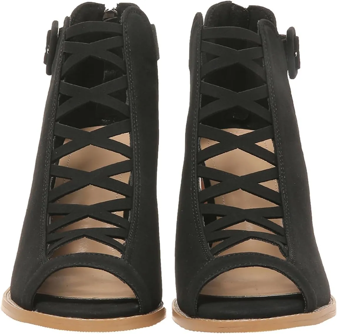 Womens Peep Toe Booties Chunky Heeled Sandals Back Zipper Cutout Dressy Sandals with Adjustable Ankle Strap Buckle