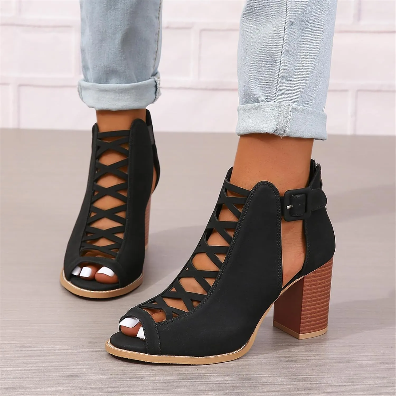 Womens Peep Toe Booties Chunky Heeled Sandals Back Zipper Cutout Dressy Sandals with Adjustable Ankle Strap Buckle