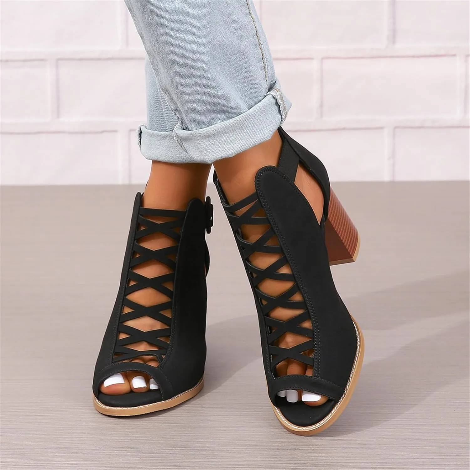 Womens Peep Toe Booties Chunky Heeled Sandals Back Zipper Cutout Dressy Sandals with Adjustable Ankle Strap Buckle