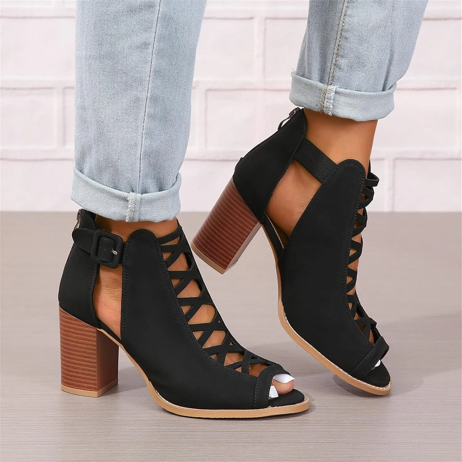 Womens Peep Toe Booties Chunky Heeled Sandals Back Zipper Cutout Dressy Sandals with Adjustable Ankle Strap Buckle