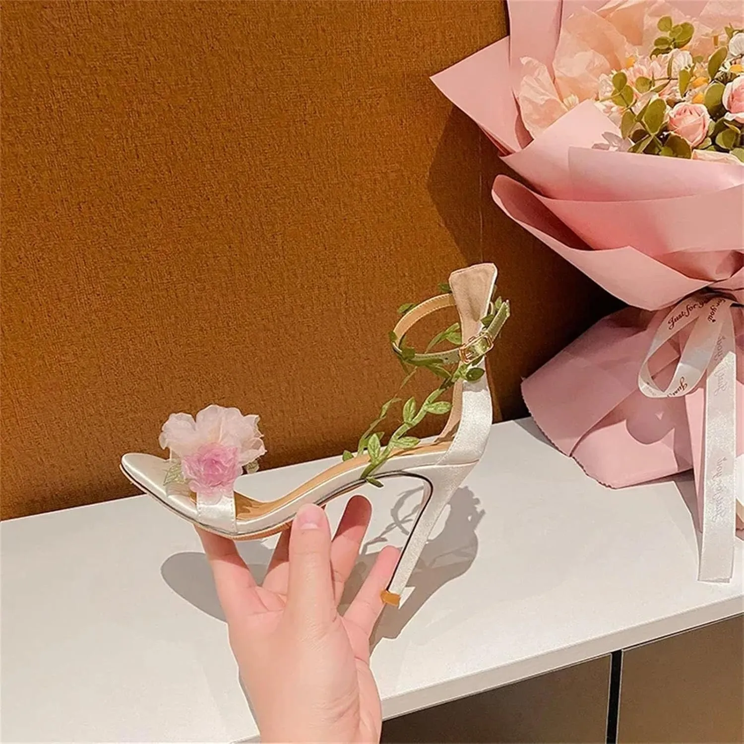 Women's Pink Chiffon Flower High Heels Sandals, Lace Up Summer Wedding Banquet
