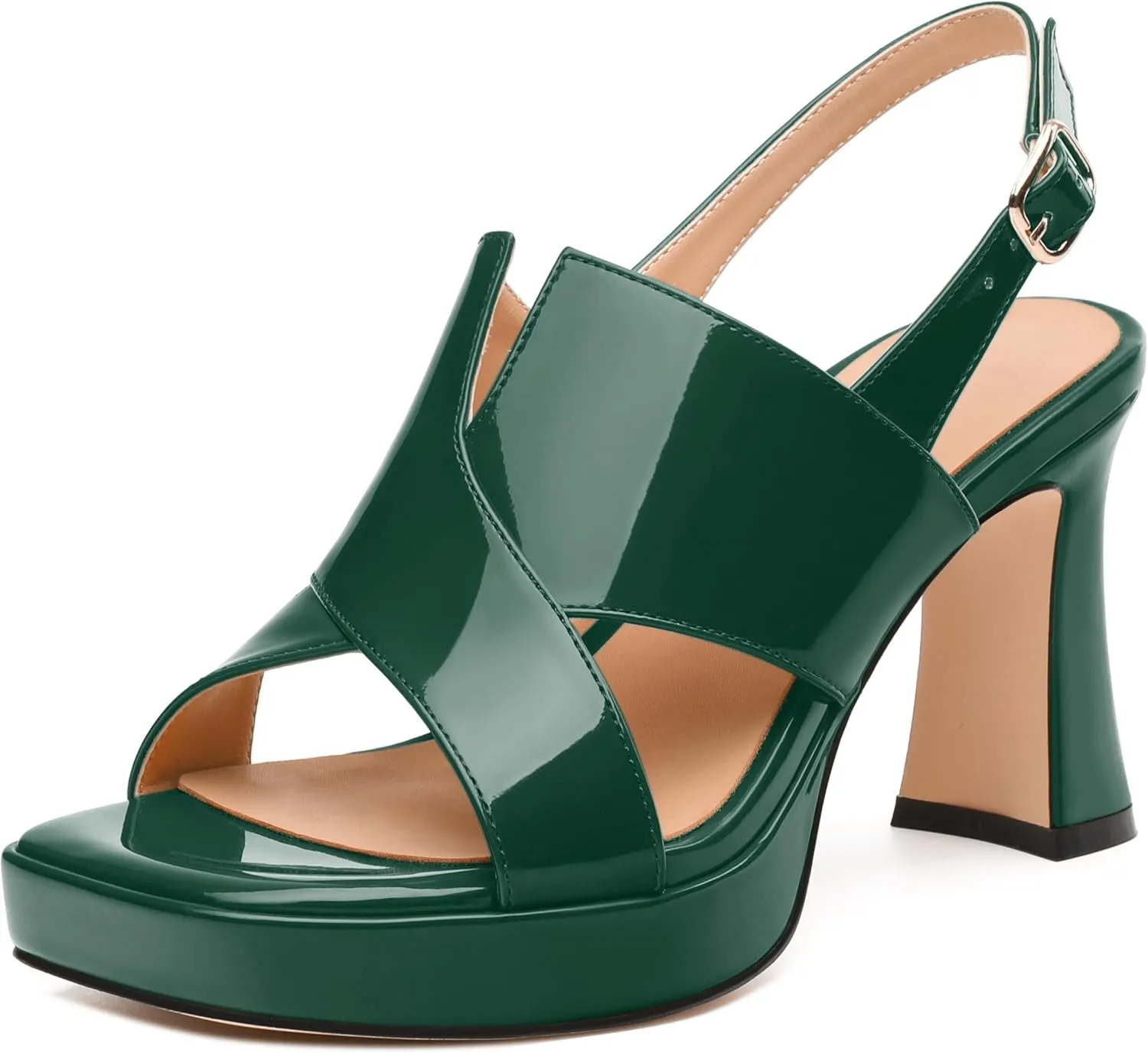 Womens Platform Ankle Strap Sandals, Square Toe Chunky Heel Leather Insole Sandals for Women, Block Heel Strappy Sandals with Buckle 3.3"