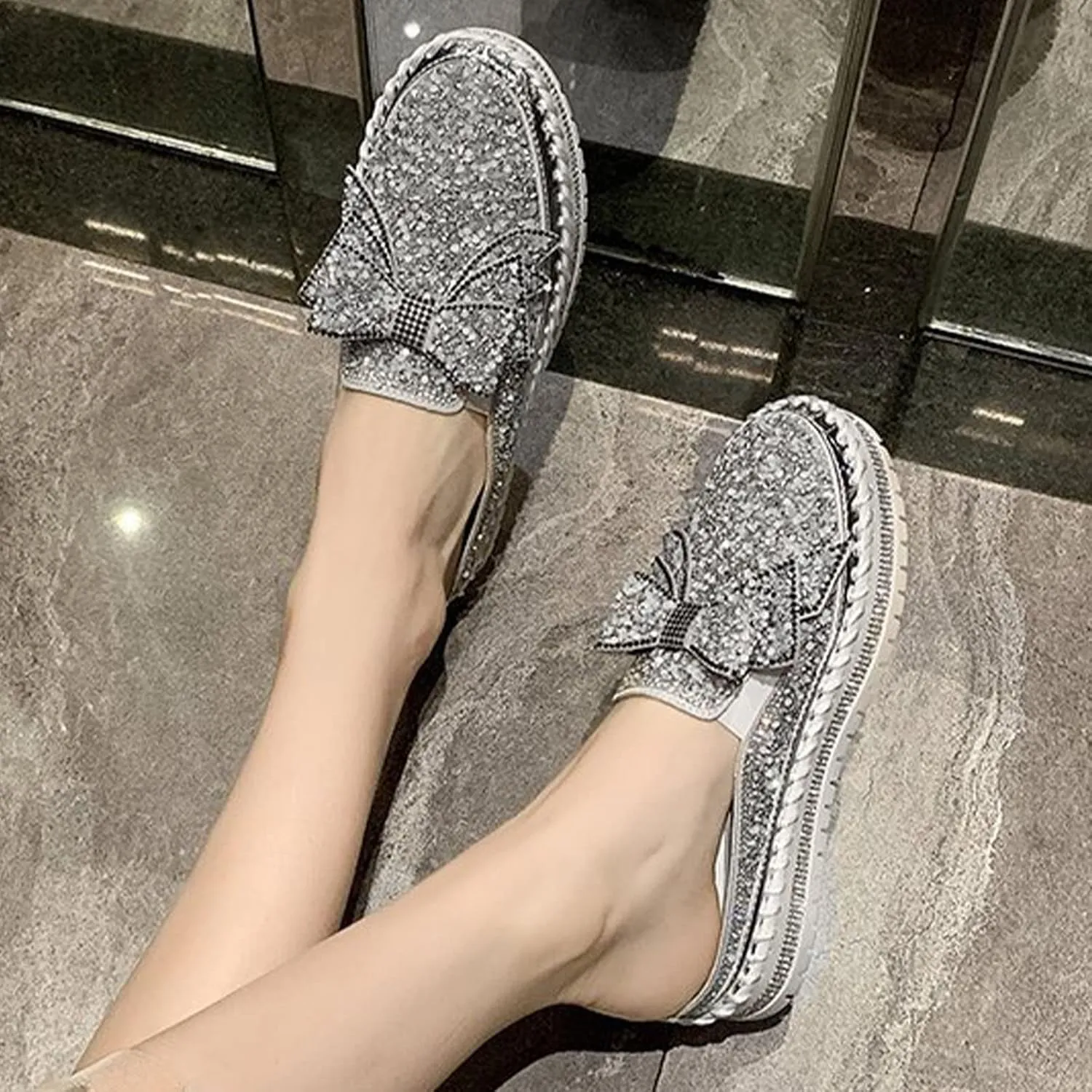 Women's Platform Rhinestones Glitter Sneakers,Fashion Cute Bow Comfy Breathe Canvas Hand-Stitching Slip On Casual Walking Flat Loafers