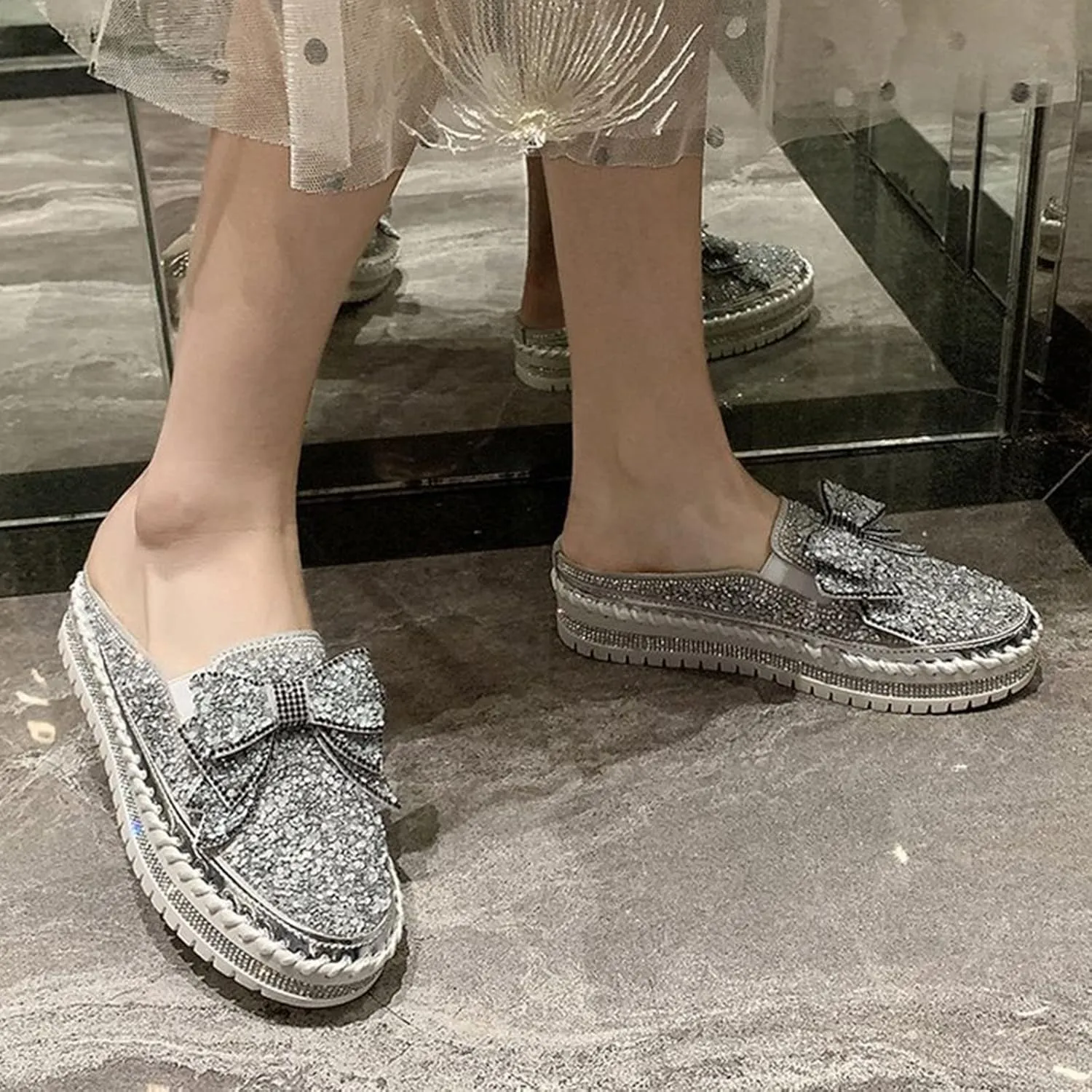 Women's Platform Rhinestones Glitter Sneakers,Fashion Cute Bow Comfy Breathe Canvas Hand-Stitching Slip On Casual Walking Flat Loafers