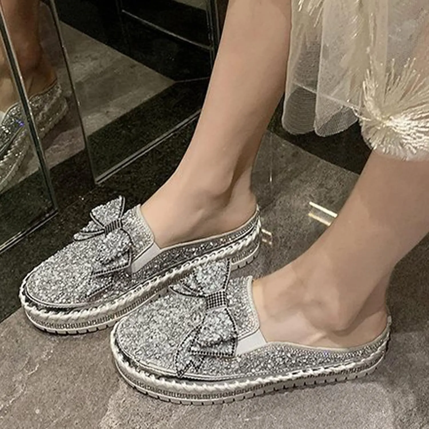 Women's Platform Rhinestones Glitter Sneakers,Fashion Cute Bow Comfy Breathe Canvas Hand-Stitching Slip On Casual Walking Flat Loafers