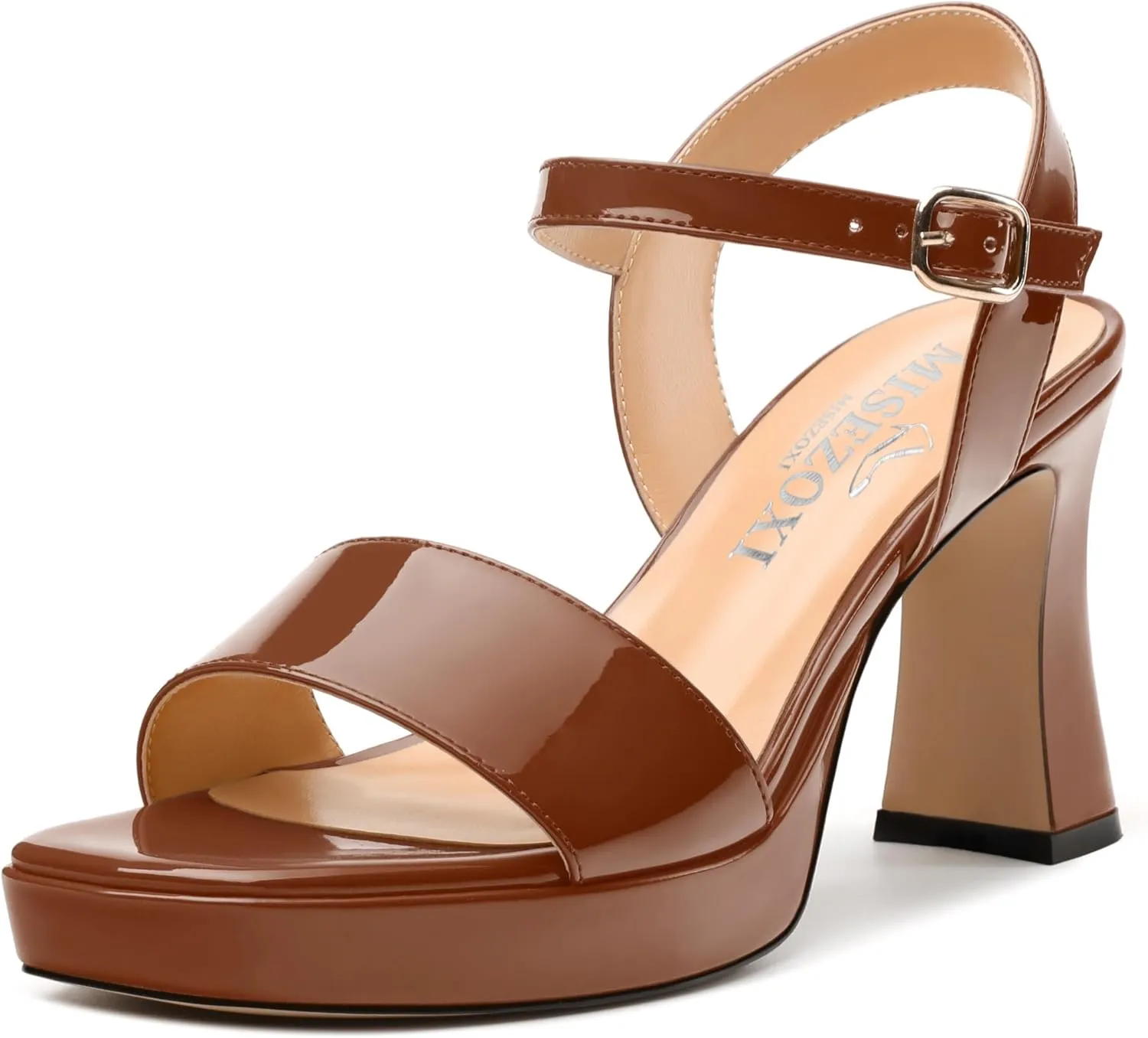 Womens Platform Sandals, Chunky High Heel Sqaure Teo Sandals, Open Toe Comfort Dress Sandals for Women, Ankle Strap Buckle Patent Sandals