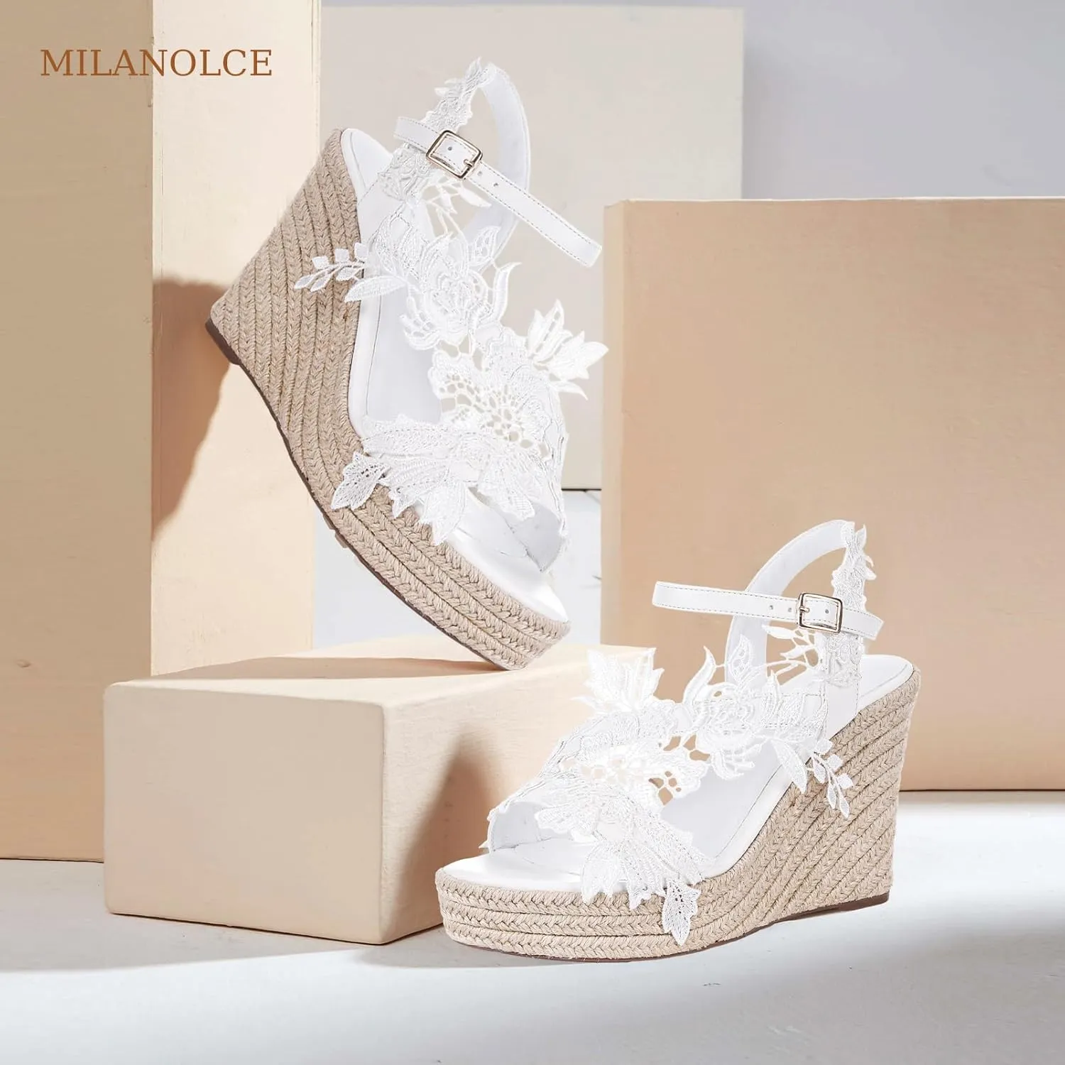 Women's Platform Sandals Wedge Open Toe Ankle Strap lace Wedding Shoes Bridesmaid Shoes