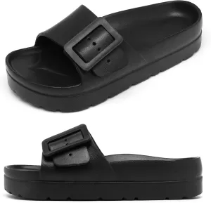 Womens Platform Sandals with Arch Support, Adjustable Buckle Beach Sandal Woman Comfort Lightweight Ultra Cushion EVA Slides