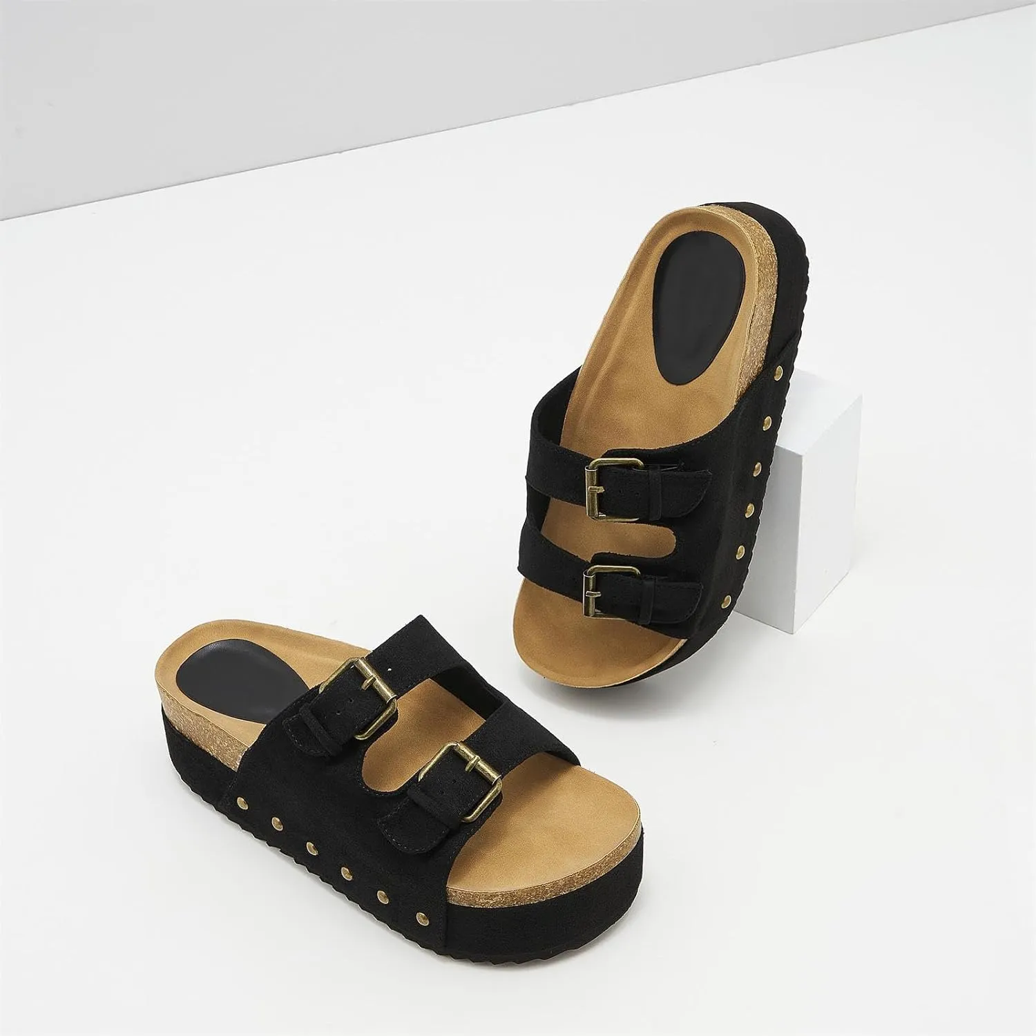 Women's Platform Slide Sandals Comfortable Cork Footbed Studded Clogs Adjustable Buckle Straps Open Toe Flatform Sandal Summer Slipper