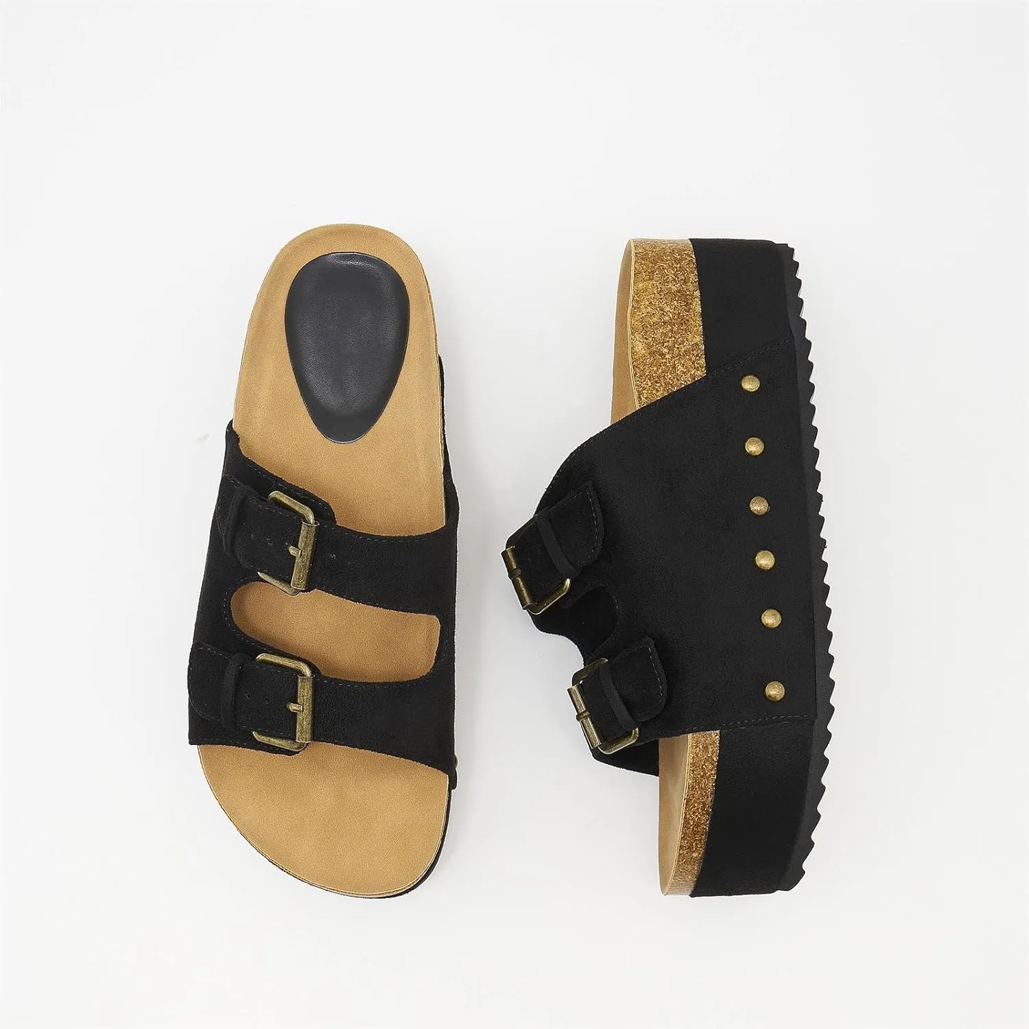 Women's Platform Slide Sandals Comfortable Cork Footbed Studded Clogs Adjustable Buckle Straps Open Toe Flatform Sandal Summer Slipper