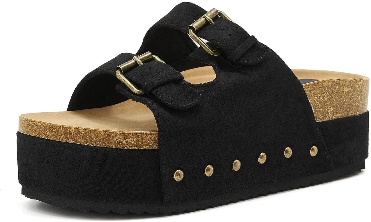 Women's Platform Slide Sandals Comfortable Cork Footbed Studded Clogs Adjustable Buckle Straps Open Toe Flatform Sandal Summer Slipper