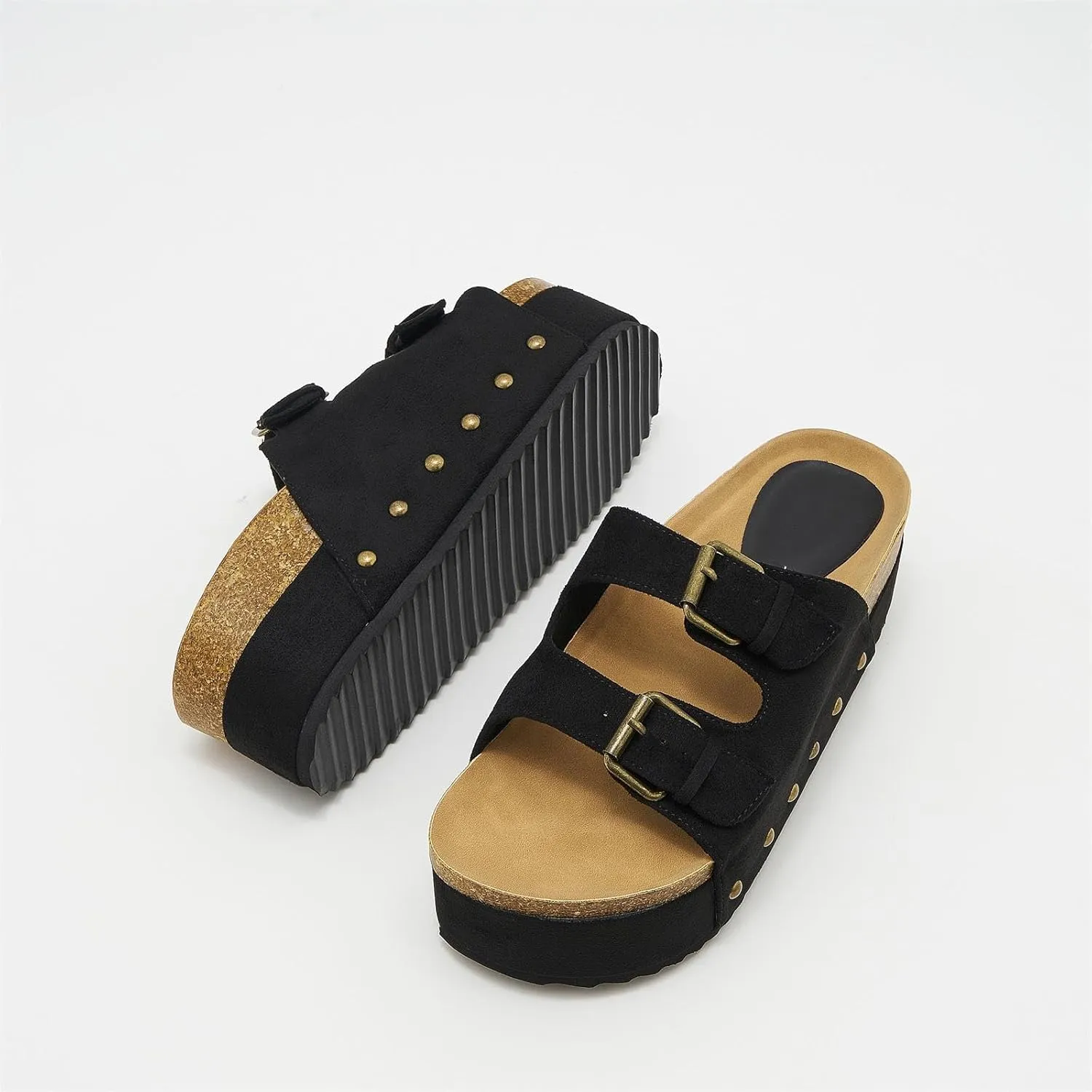Women's Platform Slide Sandals Comfortable Cork Footbed Studded Clogs Adjustable Buckle Straps Open Toe Flatform Sandal Summer Slipper