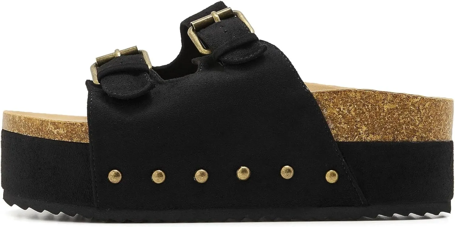 Women's Platform Slide Sandals Comfortable Cork Footbed Studded Clogs Adjustable Buckle Straps Open Toe Flatform Sandal Summer Slipper