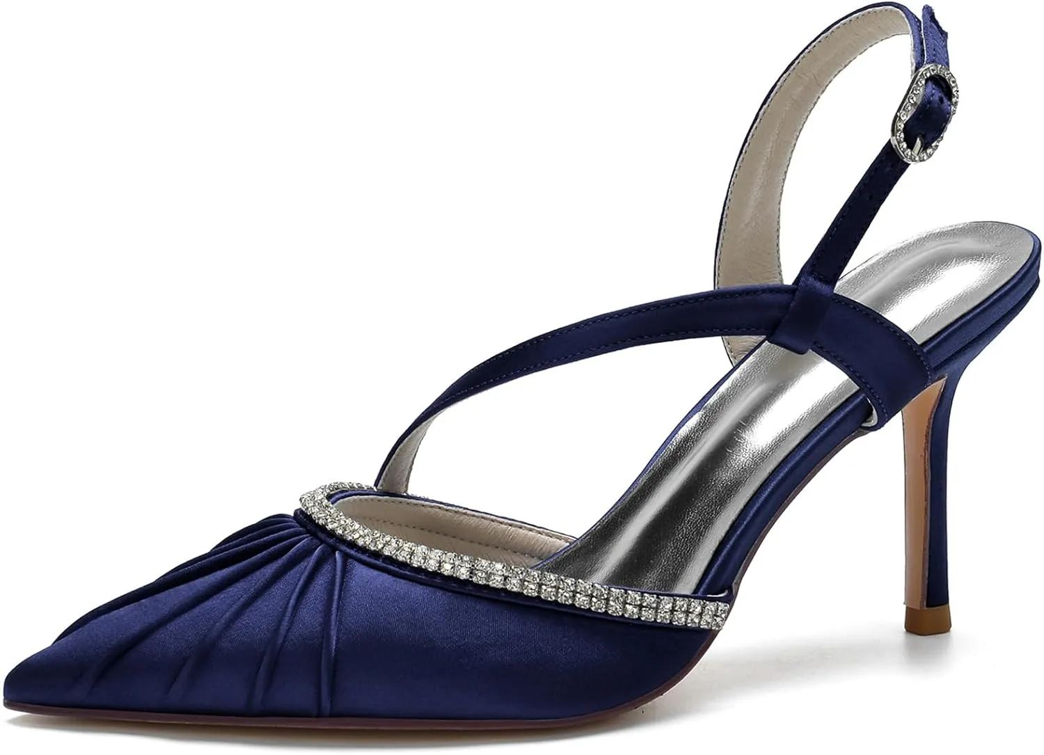 Women's Pointed Satin Wedding for Bride Comfortable Bridal Shoes with Crystal Ankle Strap Prom Party Slingback Shoes Pumps
