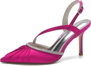 Women's Pointed Satin Wedding for Bride Comfortable Bridal Shoes with Crystal Ankle Strap Prom Party Slingback Shoes Pumps
