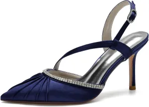 Women's Pointed Satin Wedding for Bride Comfortable Bridal Shoes with Crystal Ankle Strap Prom Party Slingback Shoes Pumps