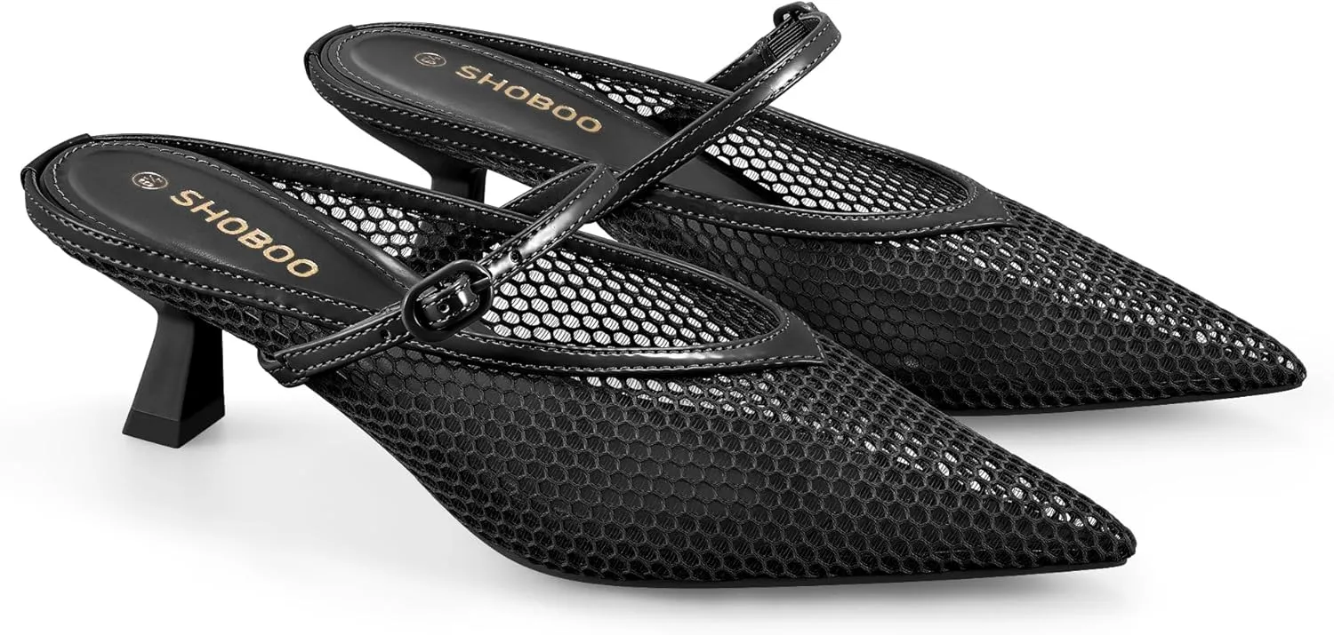 Women's Pointed Toe Kitten Heels Mesh Dress Sandals Slip On Pump Shoes with Strap for Casual Party Office