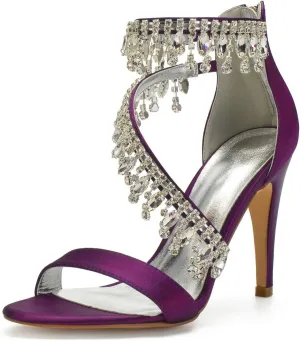 Women's Rhinestone Ankle Strap Stiletto Sandals Pointy Open Toe High Heels Pumps Sparkling Wedding Bridal Dress Shoes