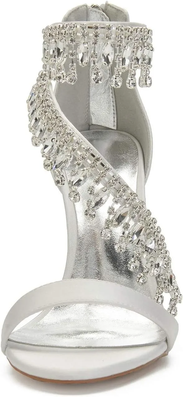 Women's Rhinestone Ankle Strap Stiletto Sandals Pointy Open Toe High Heels Pumps Sparkling Wedding Bridal Dress Shoes