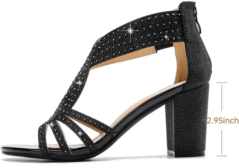 Women's Rhinestone Sparkly Chunky Block Heel Sandals Open Toe Dressy Shoes with Zipper Closure for Wedding Prom Homecoming Hoco Formal Events