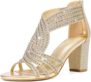 Women's Rhinestone Sparkly Chunky Block Heel Sandals Open Toe Dressy Shoes with Zipper Closure for Wedding Prom Homecoming Hoco Formal Events