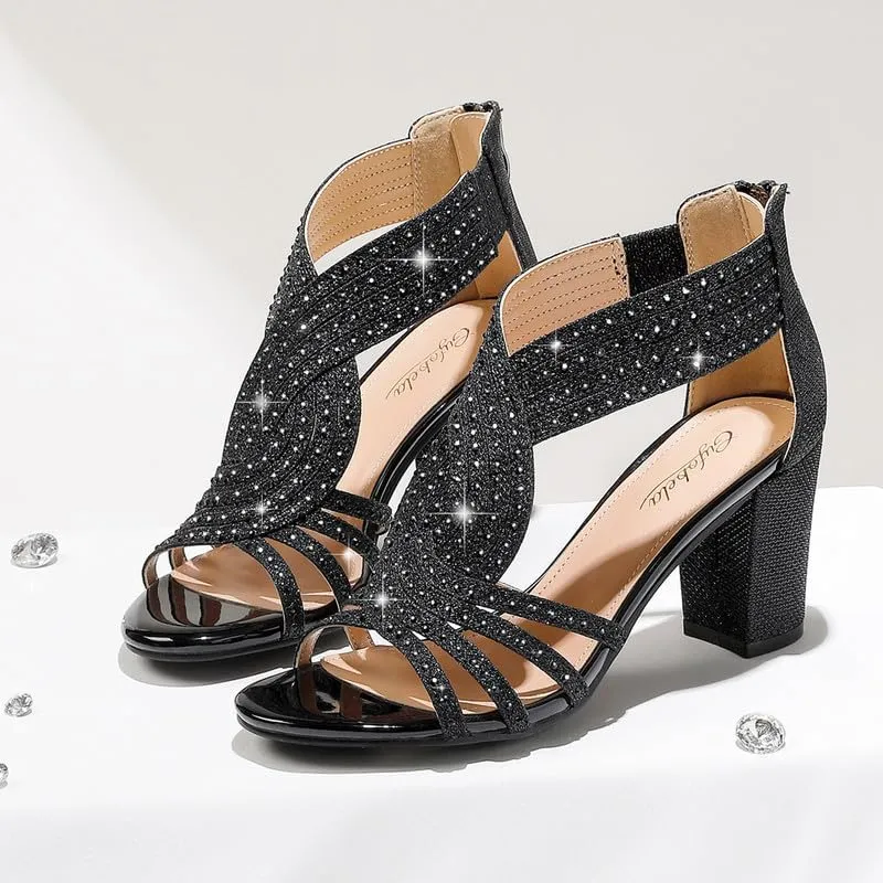 Women's Rhinestone Sparkly Chunky Block Heel Sandals Open Toe Dressy Shoes with Zipper Closure for Wedding Prom Homecoming Hoco Formal Events
