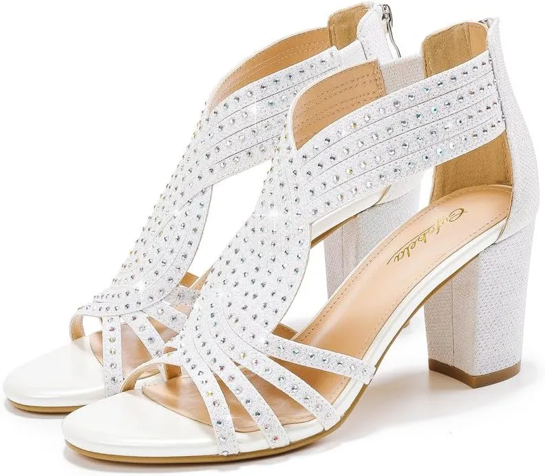 Women's Rhinestone Sparkly Chunky Block Heel Sandals Open Toe Dressy Shoes with Zipper Closure for Wedding Prom Homecoming Hoco Formal Events
