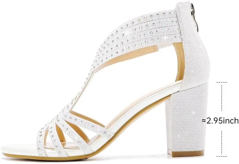 Women's Rhinestone Sparkly Chunky Block Heel Sandals Open Toe Dressy Shoes with Zipper Closure for Wedding Prom Homecoming Hoco Formal Events