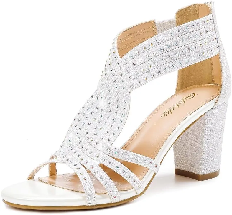 Women's Rhinestone Sparkly Chunky Block Heel Sandals Open Toe Dressy Shoes with Zipper Closure for Wedding Prom Homecoming Hoco Formal Events