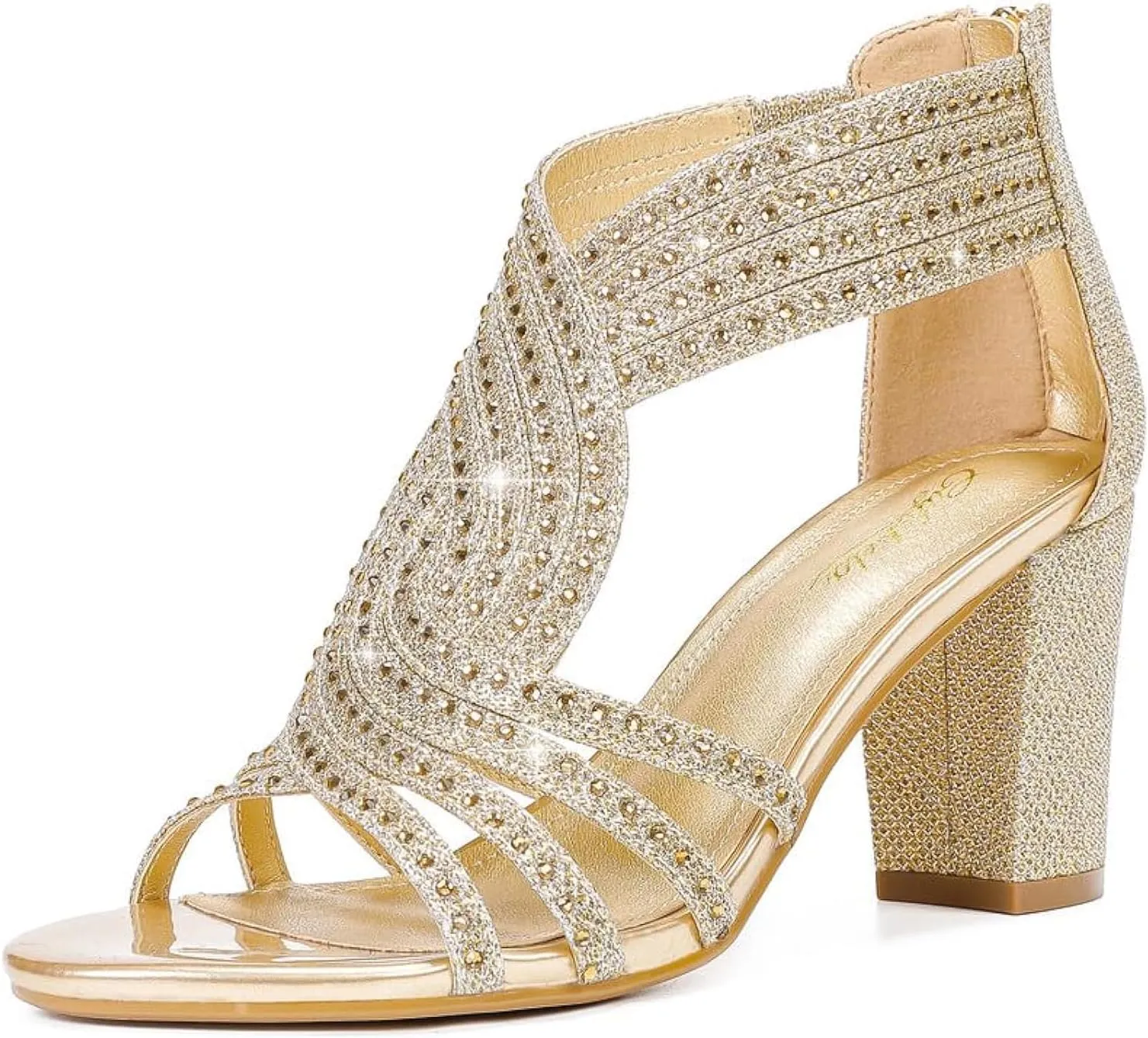 Women's Rhinestone Sparkly Chunky Block Heel Sandals Open Toe Dressy Shoes with Zipper Closure for Wedding Prom Homecoming Hoco Formal Events