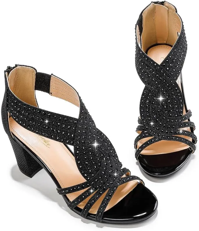 Women's Rhinestone Sparkly Chunky Block Heel Sandals Open Toe Dressy Shoes with Zipper Closure for Wedding Prom Homecoming Hoco Formal Events