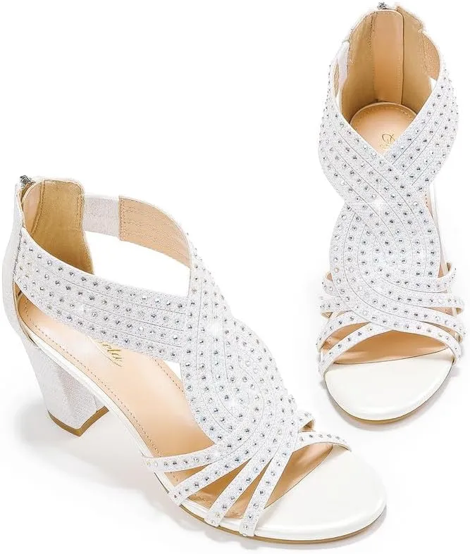 Women's Rhinestone Sparkly Chunky Block Heel Sandals Open Toe Dressy Shoes with Zipper Closure for Wedding Prom Homecoming Hoco Formal Events
