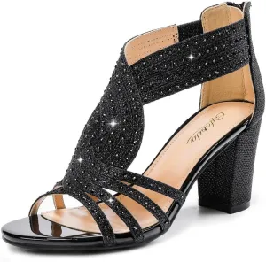 Women's Rhinestone Sparkly Chunky Block Heel Sandals Open Toe Dressy Shoes with Zipper Closure for Wedding Prom Homecoming Hoco Formal Events