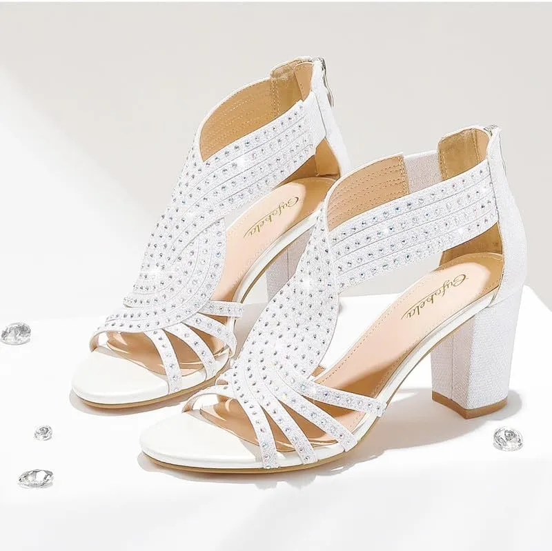 Women's Rhinestone Sparkly Chunky Block Heel Sandals Open Toe Dressy Shoes with Zipper Closure for Wedding Prom Homecoming Hoco Formal Events