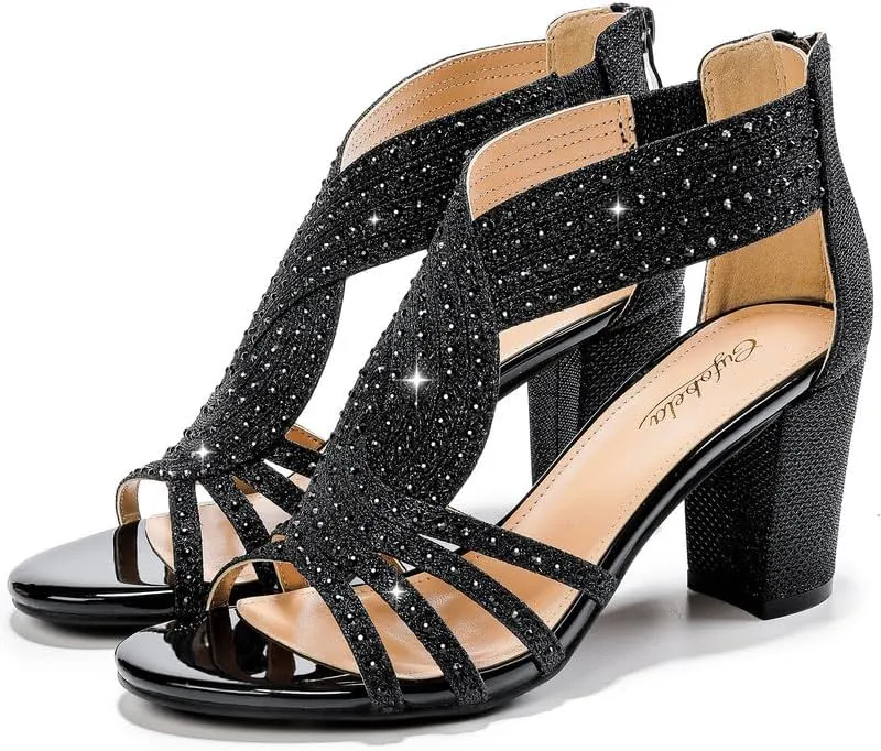 Women's Rhinestone Sparkly Chunky Block Heel Sandals Open Toe Dressy Shoes with Zipper Closure for Wedding Prom Homecoming Hoco Formal Events