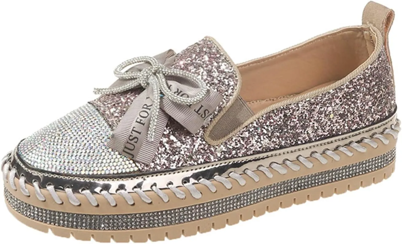 Women's Rhinestones Glitter Platform Slip On Sneakers Casual Cute Bowknot Shiny Walking Shoes Non-Slip Comfortable Dress Flat Loafers