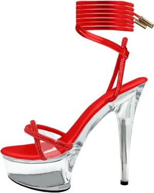 Women's Rhinestones Strap Clear Platform Stiletto Heels Sparkly Tie Up Strappy Sandals
