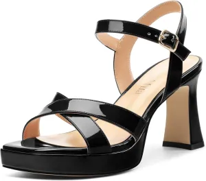 Women's Sandals Chunky High Heel - Adjustable Ankle Strap Open Toe Spool Heels Cross Toe Strap Prom Party Dress Pumps with Buckle