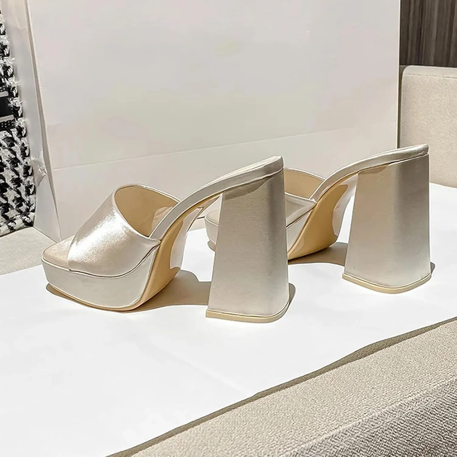 Women'S Satin Chunky Heel Mule Sandals Fashion Square Open Toe Chunky Platform Dress Sandals For Party, Date, Evening Party