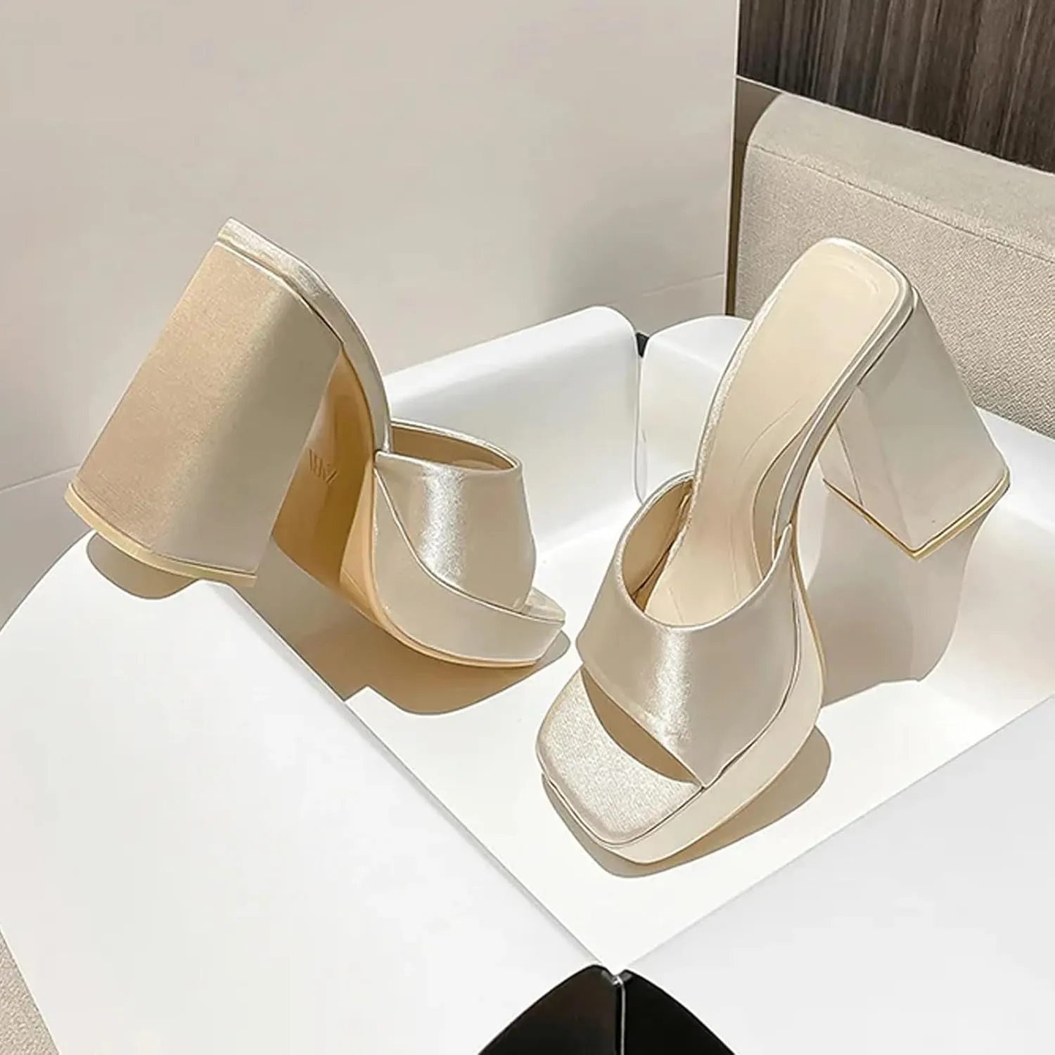 Women'S Satin Chunky Heel Mule Sandals Fashion Square Open Toe Chunky Platform Dress Sandals For Party, Date, Evening Party