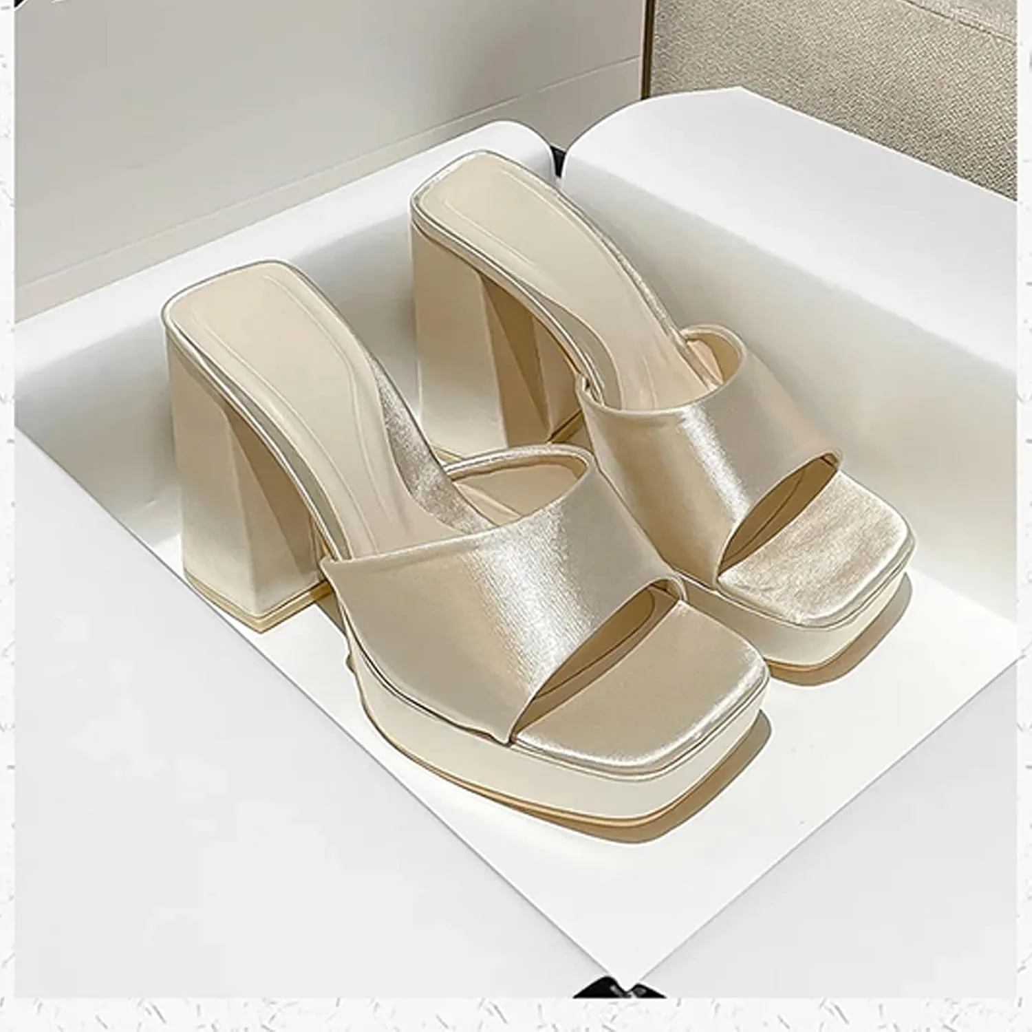 Women'S Satin Chunky Heel Mule Sandals Fashion Square Open Toe Chunky Platform Dress Sandals For Party, Date, Evening Party