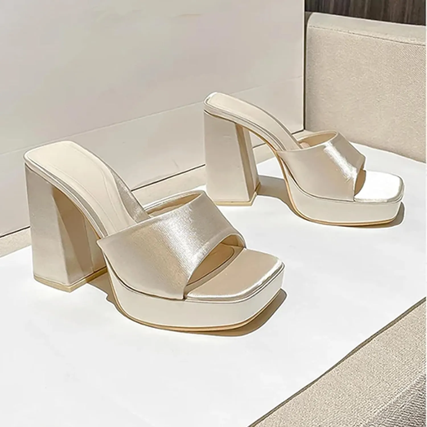 Women'S Satin Chunky Heel Mule Sandals Fashion Square Open Toe Chunky Platform Dress Sandals For Party, Date, Evening Party