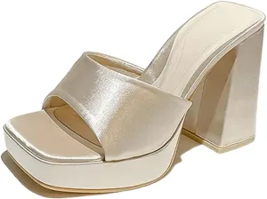 Women'S Satin Chunky Heel Mule Sandals Fashion Square Open Toe Chunky Platform Dress Sandals For Party, Date, Evening Party