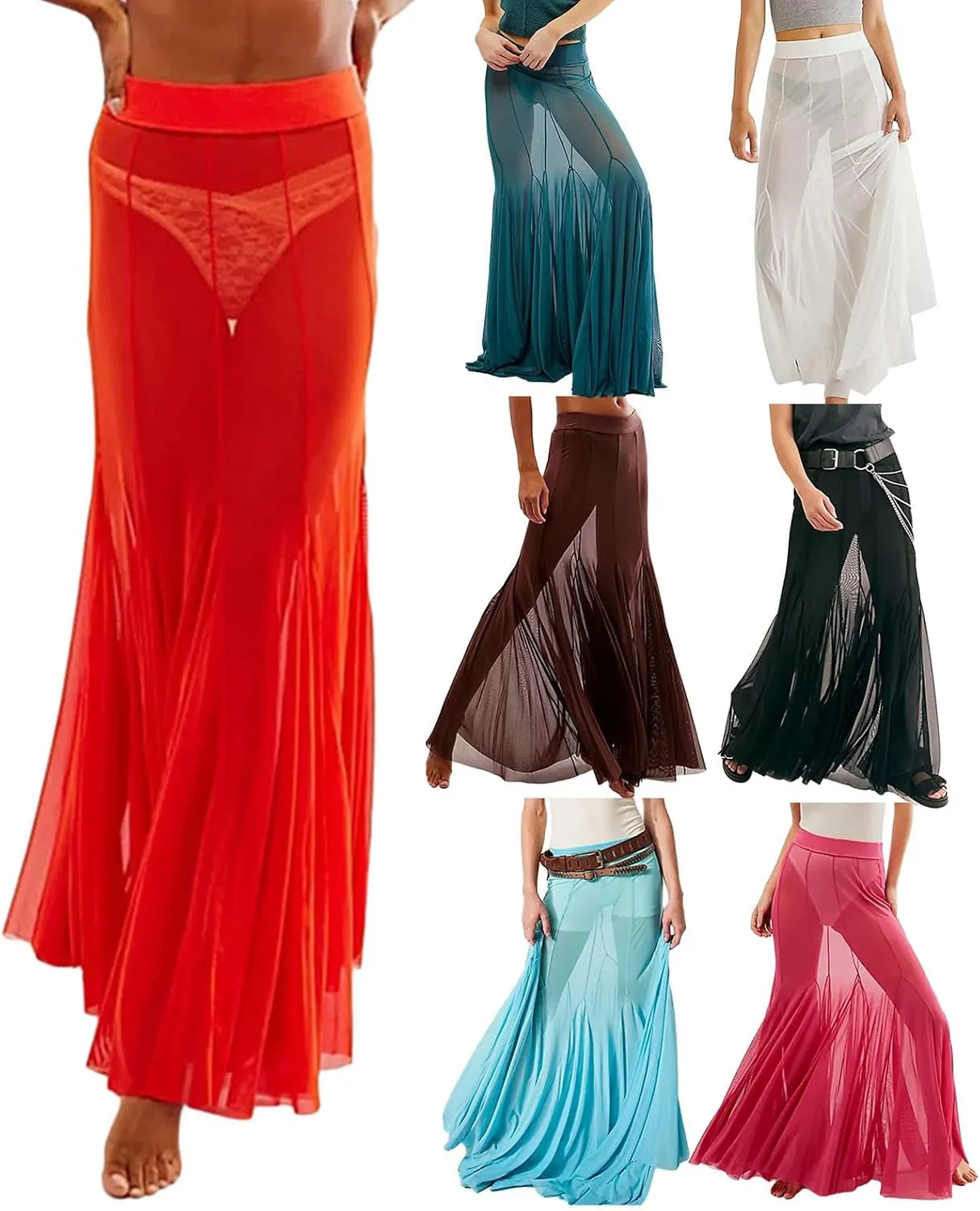 Women's Sheer Mesh Long Maxi Skirts High Waisted Summer Swimsuit Cover Up See-Through Beach Flowy Long Tulle Skirt