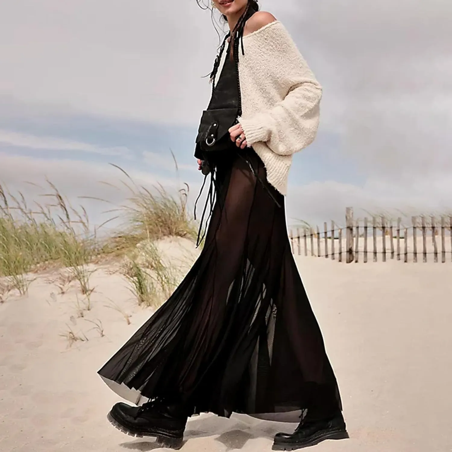 Women's Sheer Mesh Long Maxi Skirts High Waisted Summer Swimsuit Cover Up See-Through Beach Flowy Long Tulle Skirt