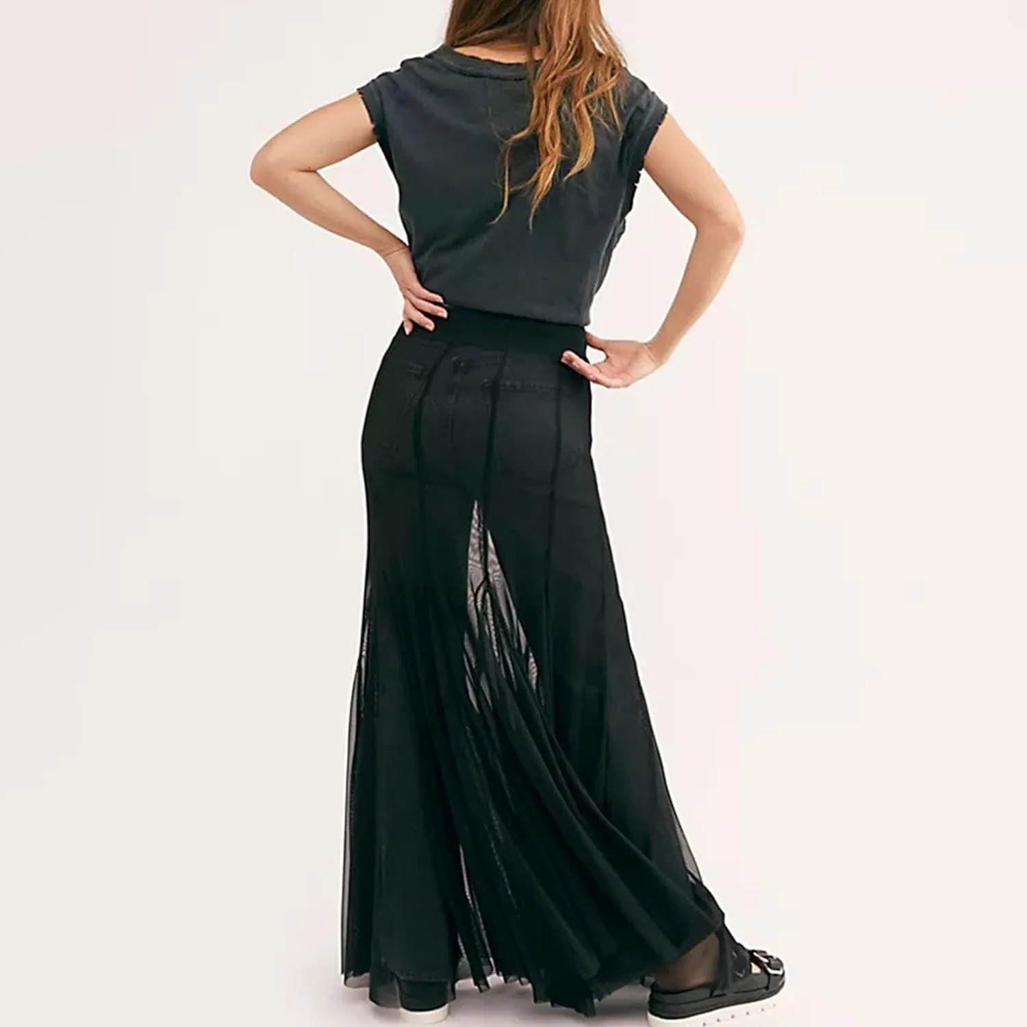 Women's Sheer Mesh Long Maxi Skirts High Waisted Summer Swimsuit Cover Up See-Through Beach Flowy Long Tulle Skirt
