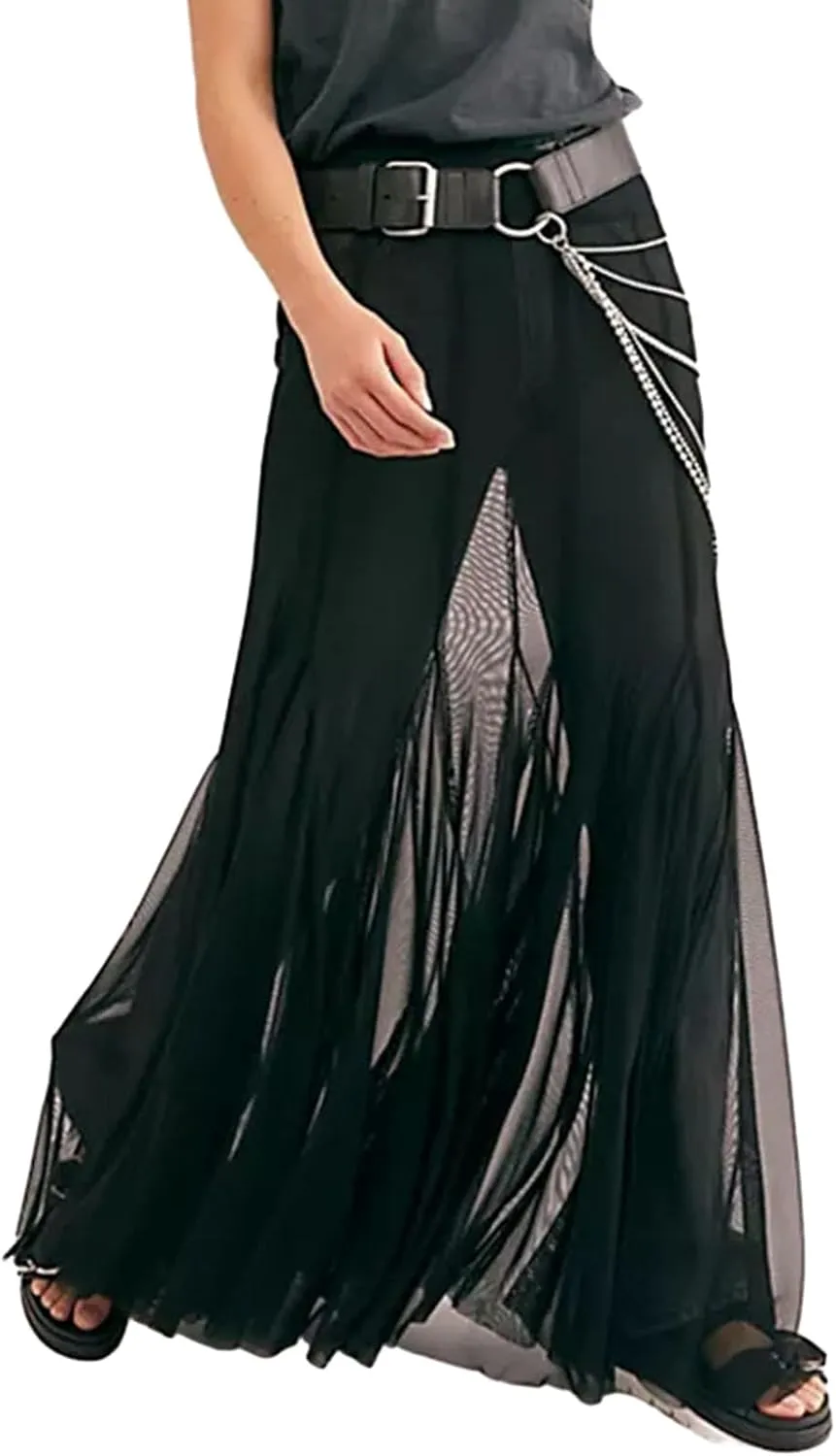Women's Sheer Mesh Long Maxi Skirts High Waisted Summer Swimsuit Cover Up See-Through Beach Flowy Long Tulle Skirt