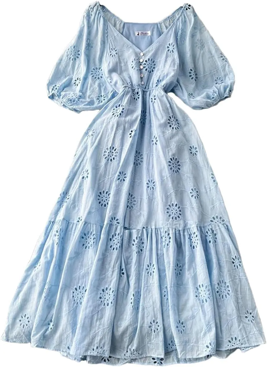 Women's Short Sleeve V Neck Embroidery Long Dress Summer Elegant Hollow Out Solid Color High Waist Dresses