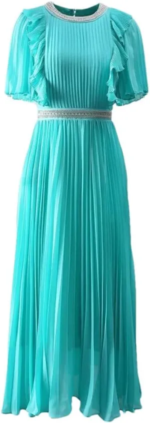 Women's Short Sleeves High Waist Flowy Swing Long Dresses Ruffles Beading Elegant Evening Party Dress Turquoise