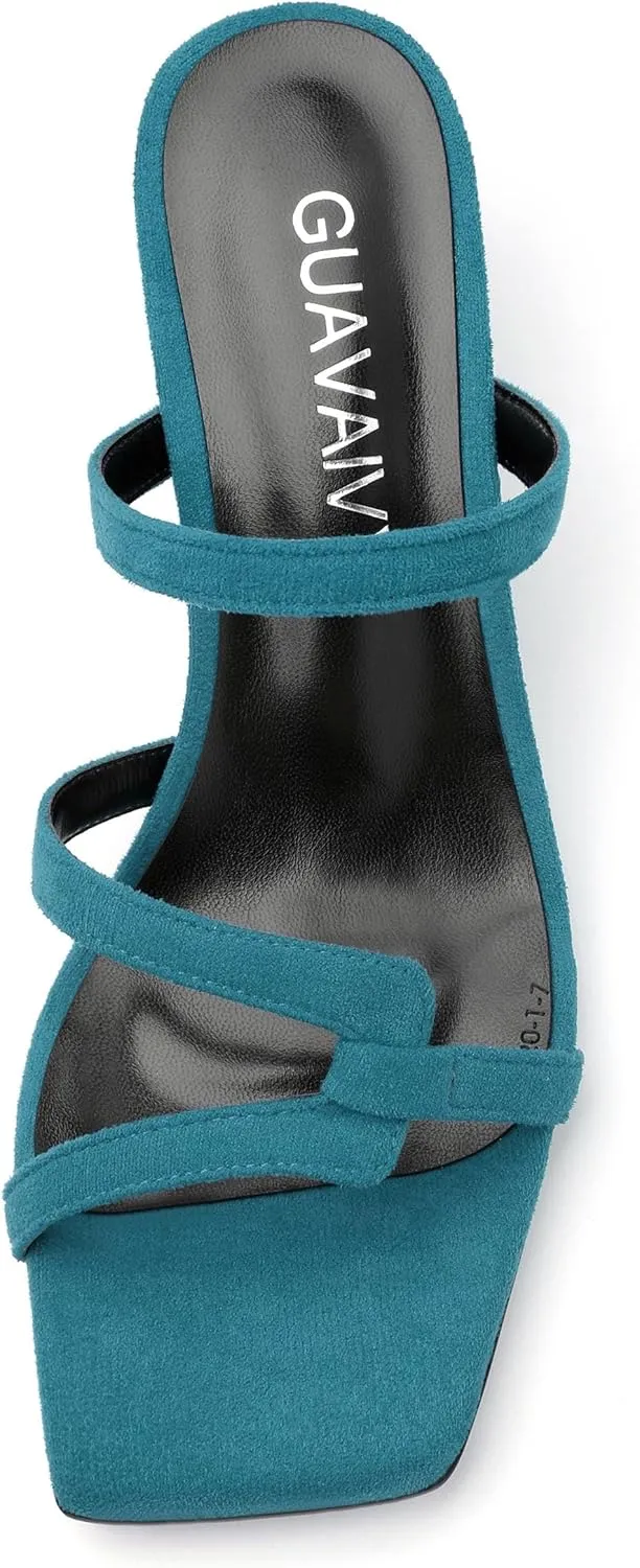 Womens Slide Sandals, Square Open Toe Low Heels Sandals, Fashion Solid Faux Suede Heeled Sandals for Women